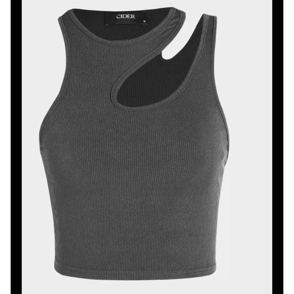 NWT Slate Gray Asymetrical High Neck Cut Out Fitted Crop Tank Top Small - Picture 7 of 7